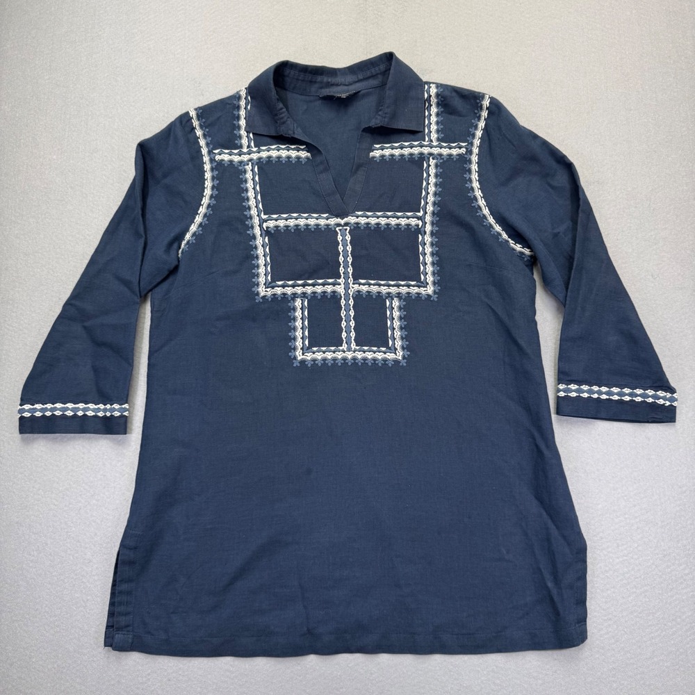 Brooks Brothers Womens Navy Blue Embroidered Linen Blend Tunic Top Size L